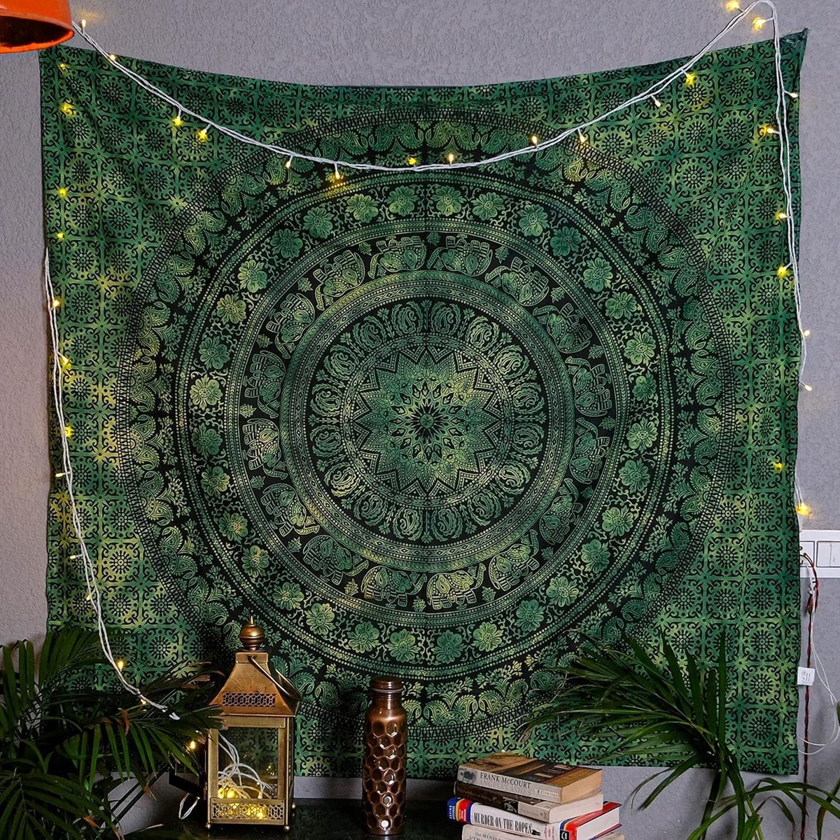 JeiibrZui Craft Mandala Groen Wandtapijt - 130x150 Cm - 1 Stuks - Groen - Boho Wanddecoratie Voor Woonkamer En Slaapkamer - Indisch Katoenen Tapijt Met Olifanten Motief