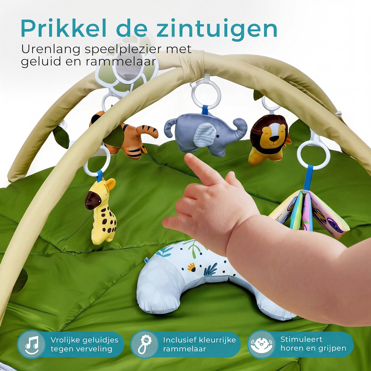 Babygym met boog - Speelmat - Speelkleed - Baby speelgoed - Babyshower - Boxkleed - Speelmat baby - 5 Speeltjes - Inclusief Rammelaar - Groen blaadje — afbeelding 5