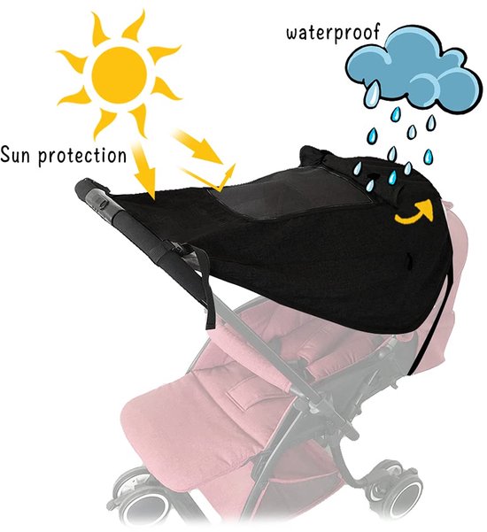 Universele Kinderwagen-zonnescherm / Zonnekap - Eenvoudige Montage - waterdichte en UV-werende zonnekap - Geschikt voor de meeste kinderwagens en buggy's - Zonnescherm met Kijkvenster (Zwart) - Cyslmuk® van Universele — afbeelding 5