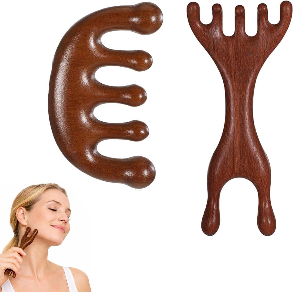 Hoofdmassage Kam - Houten Kam Gua Sha - Ontspanningsmassage - Natuurlijk Sandelhout - 2 stuks - Houtkleur