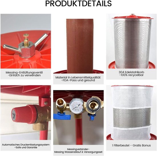 Hydropers Pers - Fruitpers Wijnpers - Sap Maken - Roestvrijstalen Mand - 20 Liter - Zilver — afbeelding 3