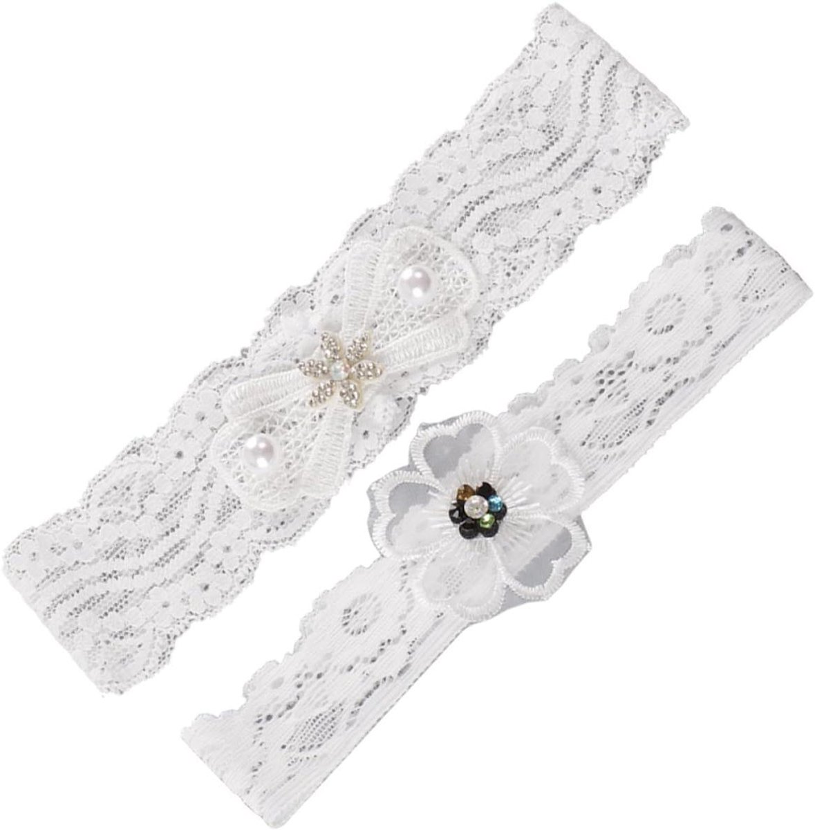 Bruidskousenband - Bruiloft Jarretels - Bruiloft Decoratie - Kant Bloemenontwerp - 66 cm - Wit