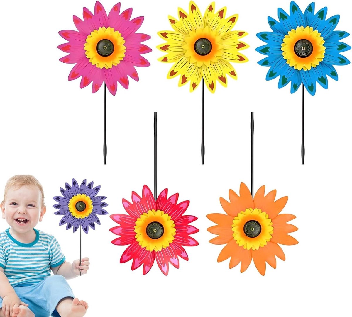 Bloemen Windmolentjes - Tuin Windmolen Zonnebloem - Tuin Decoratie - Waterdicht Weerbestendig - 6 Stuks - Geel