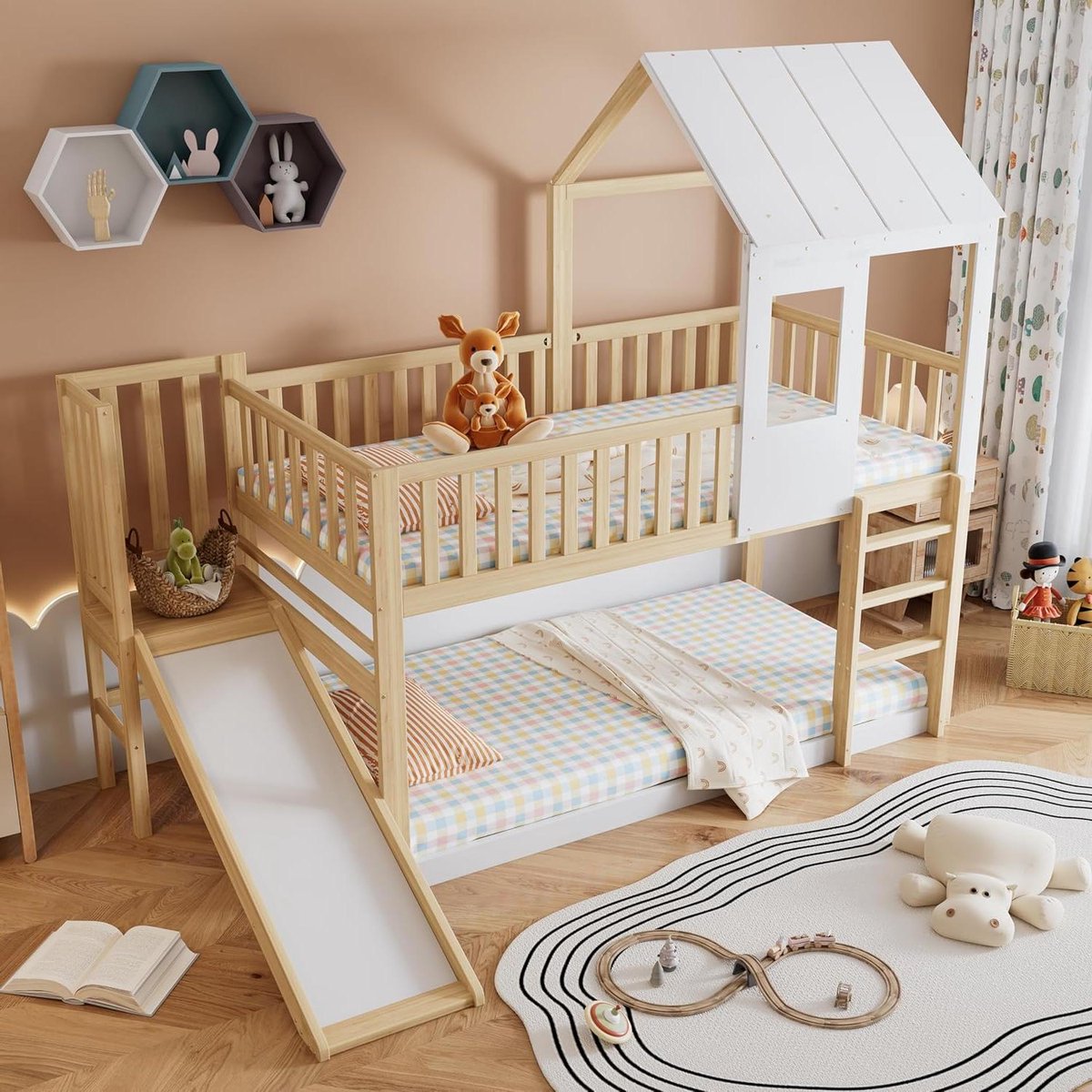 Huisbed met dak en glijbaan - Kinderbed met speelfunctie - Spelen en slapen - Ruimtebesparend ontwerp