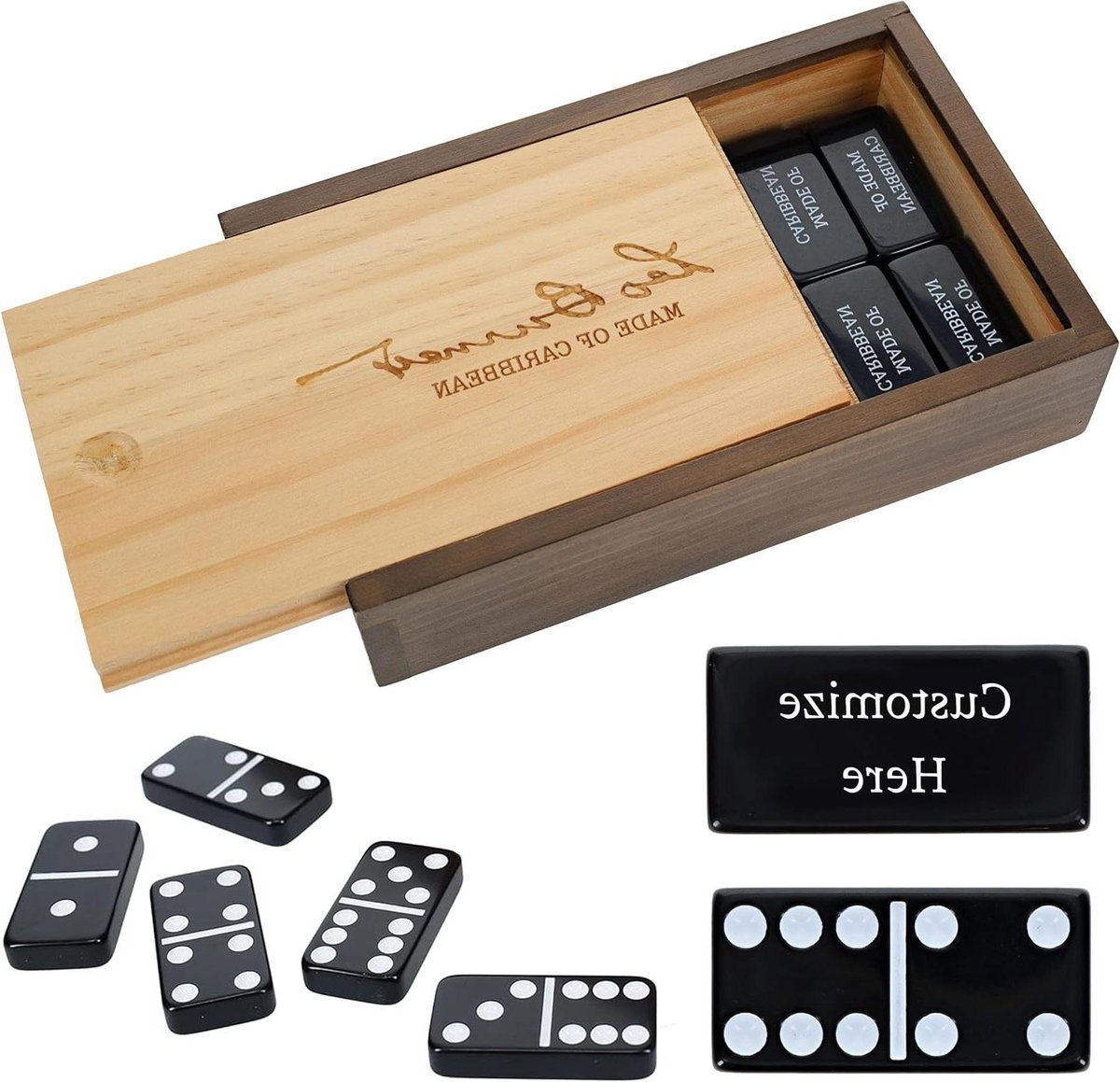 Dominostenen Set - Domino Spel - Gepersonaliseerde Geschenken - Met Houten Kist - 28 Stuks - Zwart