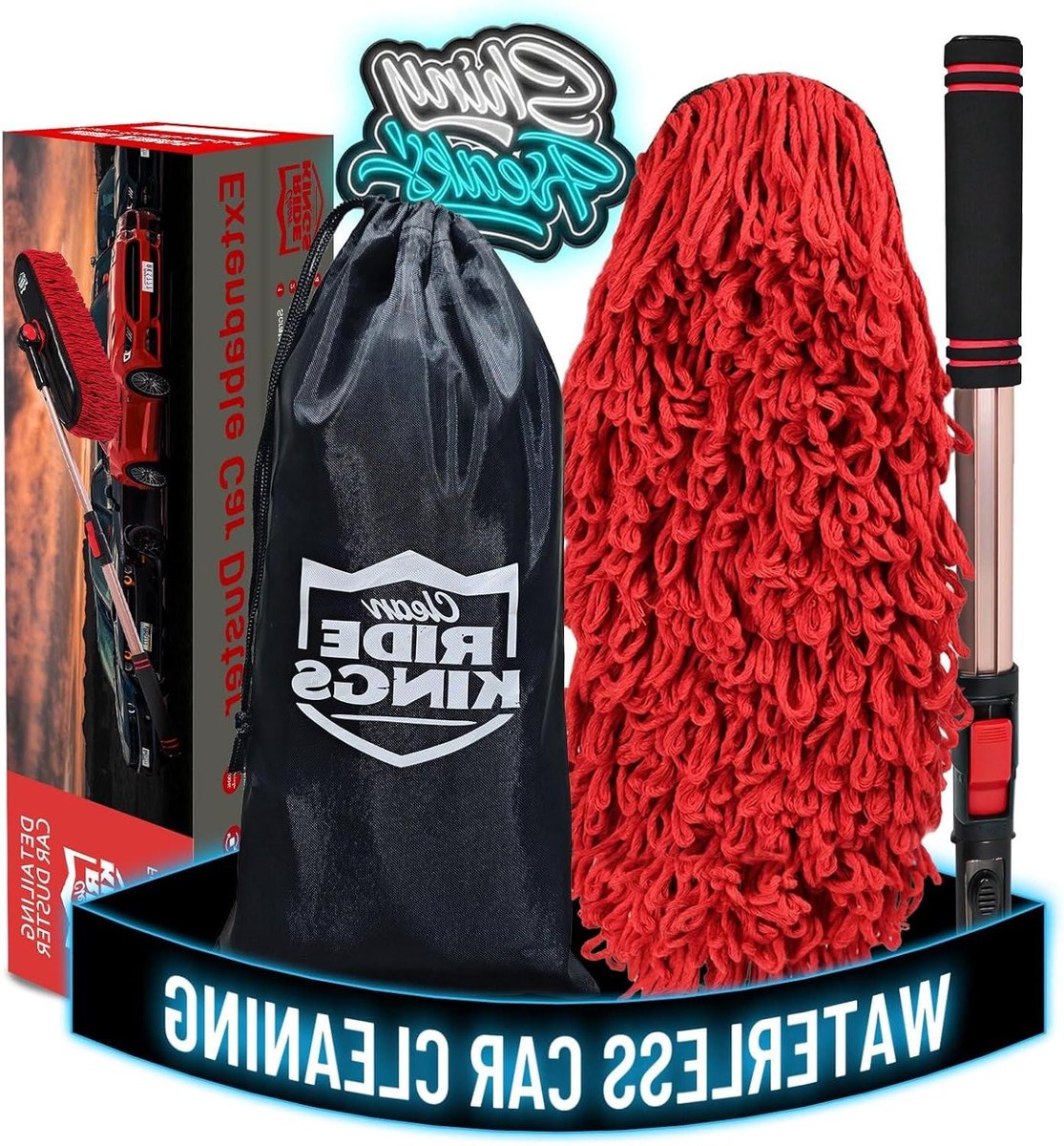 Auto Duster - Autoborstel Kit - Auto Afstoffen - Krasvrij Katoen - Uitschuifbaar - Rood/Zwart
