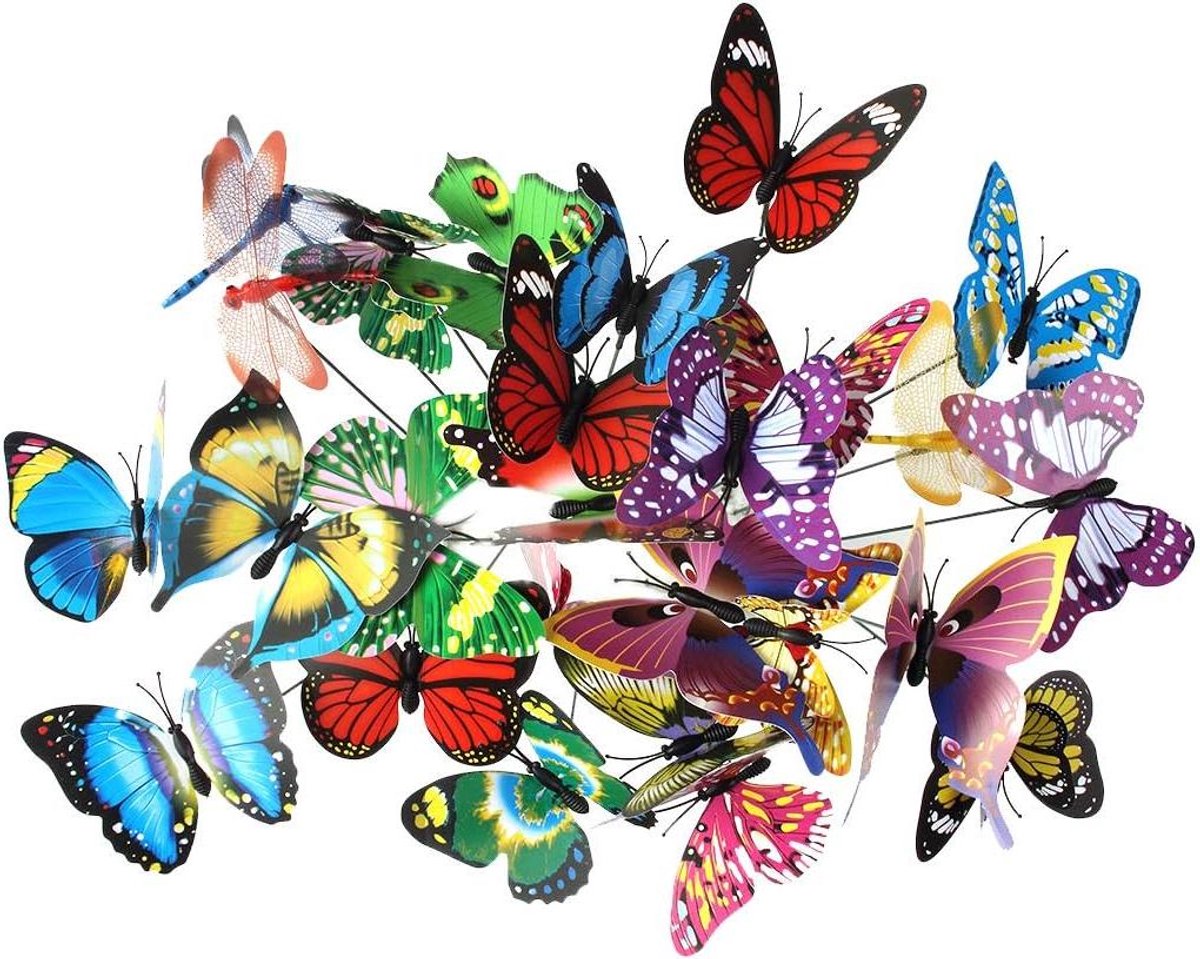 Tuin Ornamenten Vlinders - Tuindecoratie Stakes Libellen - Buiten Decoreren - Levendige Kleuren - 30 Stuks - Meerkleurig