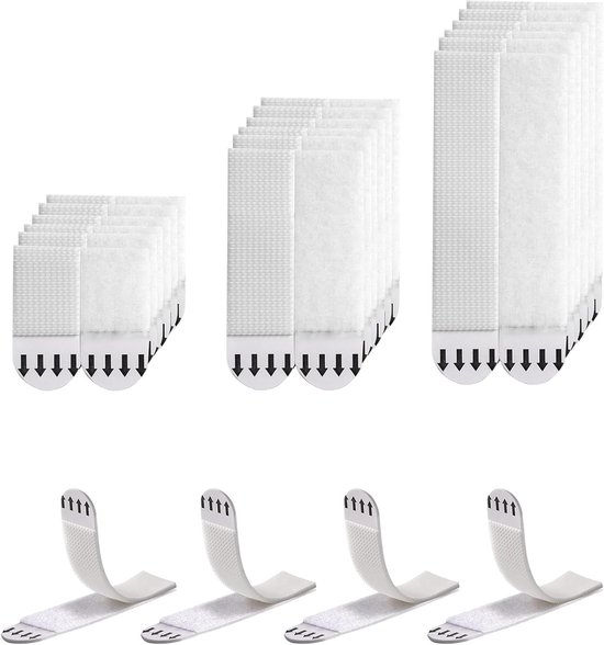 Bandes adhésives blanches de différentes tailles, avec quatre bandes incurvées séparées en dessous.