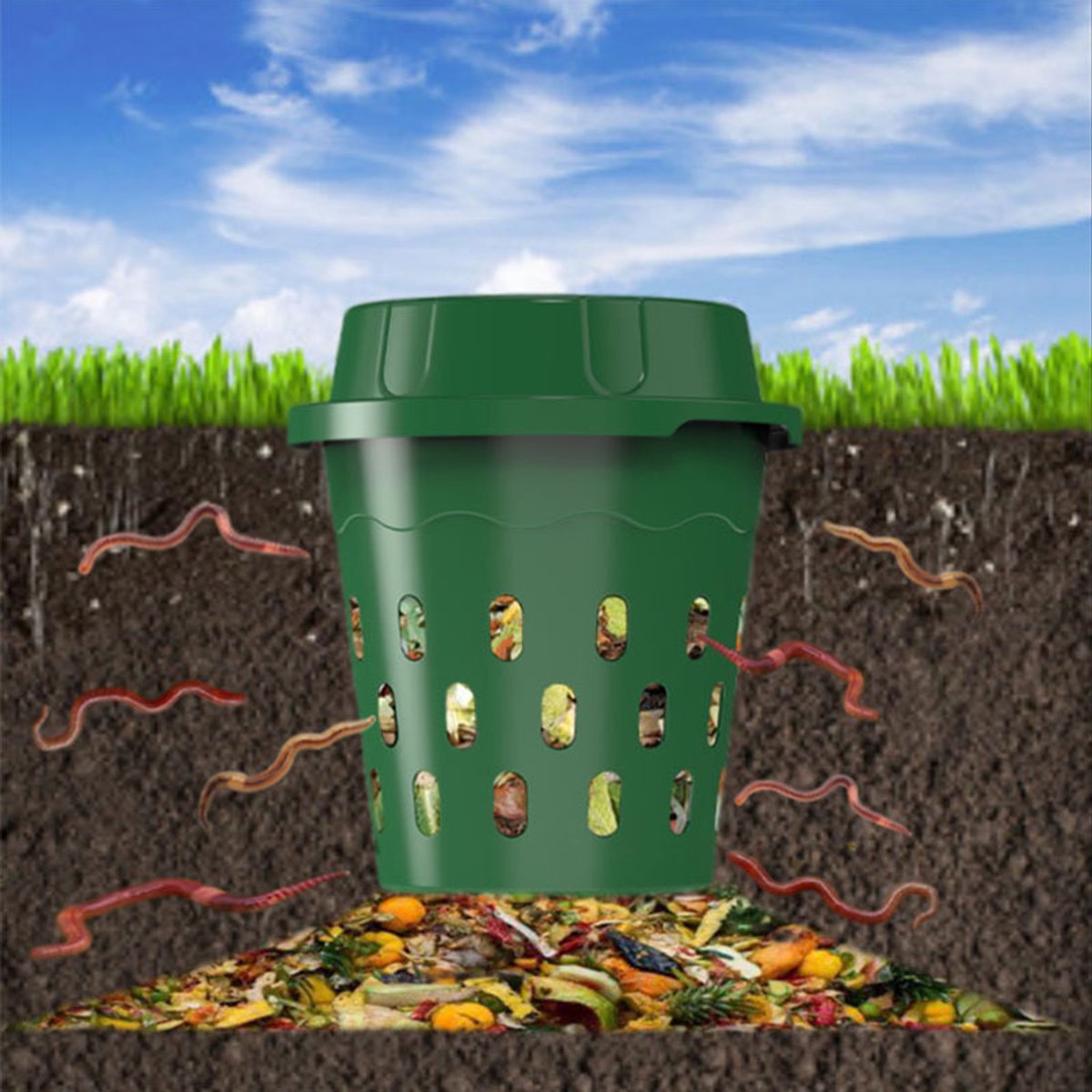 Ulisem - Ondergrondse wormenbak - 8 liter compostbak - 9.5x9.5x10.8 inch - groen - voor tuin en thuis - beginnersvriendelijk - stevig PP - met draaisluiting - dierbestendig - stapelbaar
