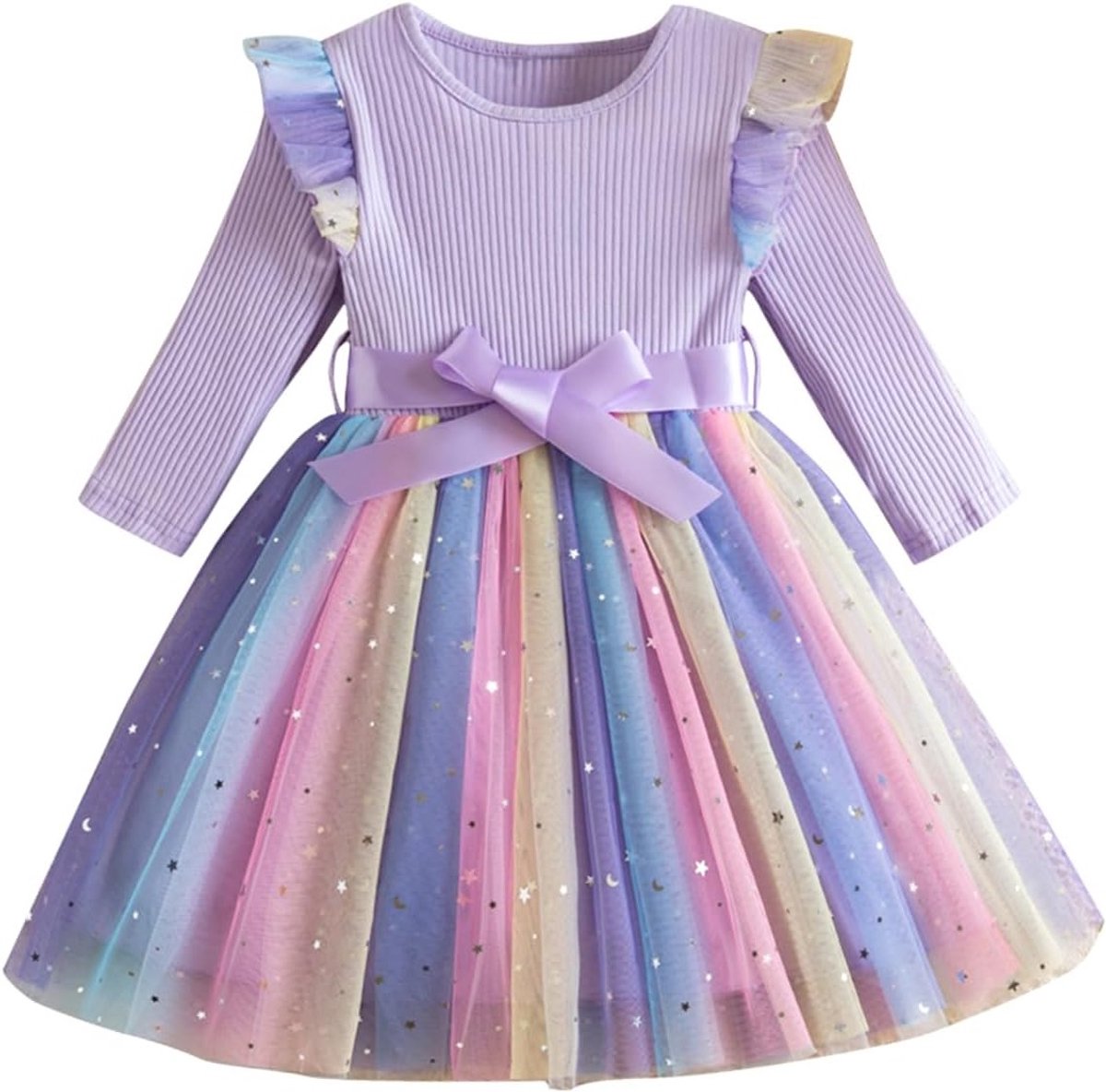 Kleurrijke Meisjesjurk met Ruffles en Lange Mouwen, Pailletten en Tulle Rok voor Kinderen van 1-6 Jaar