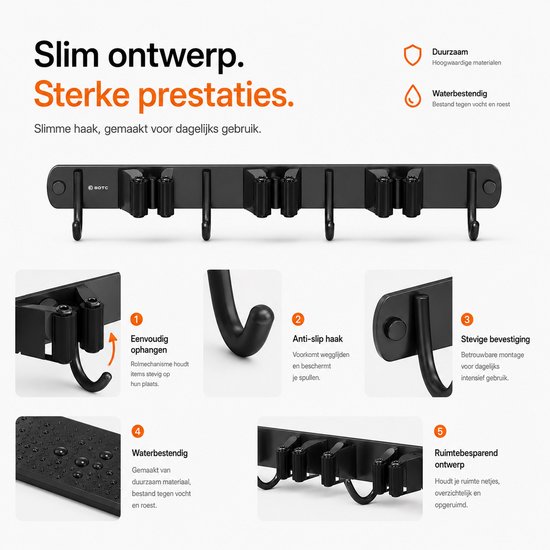 BOTC Bezemhouder - Bezemhouder ophangsysteem - Tuingereedschap - 3 Houders 4 Haken - 304 RVS - 3M Tape - Zwart van BOTC — afbeelding 3