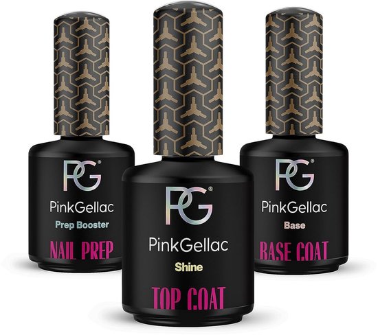 Set de vernis gel Pink Gellac avec 3 x 15 ml de couche de base – Top Coat – Prep des ongles – Vernis à ongles gel pour la maison