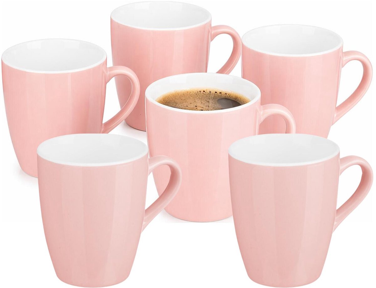 Vessia Design koffie mokken / bekers met oor - 12x stuks - lichtroze - keramiek - 410 ml - servies - kopjes