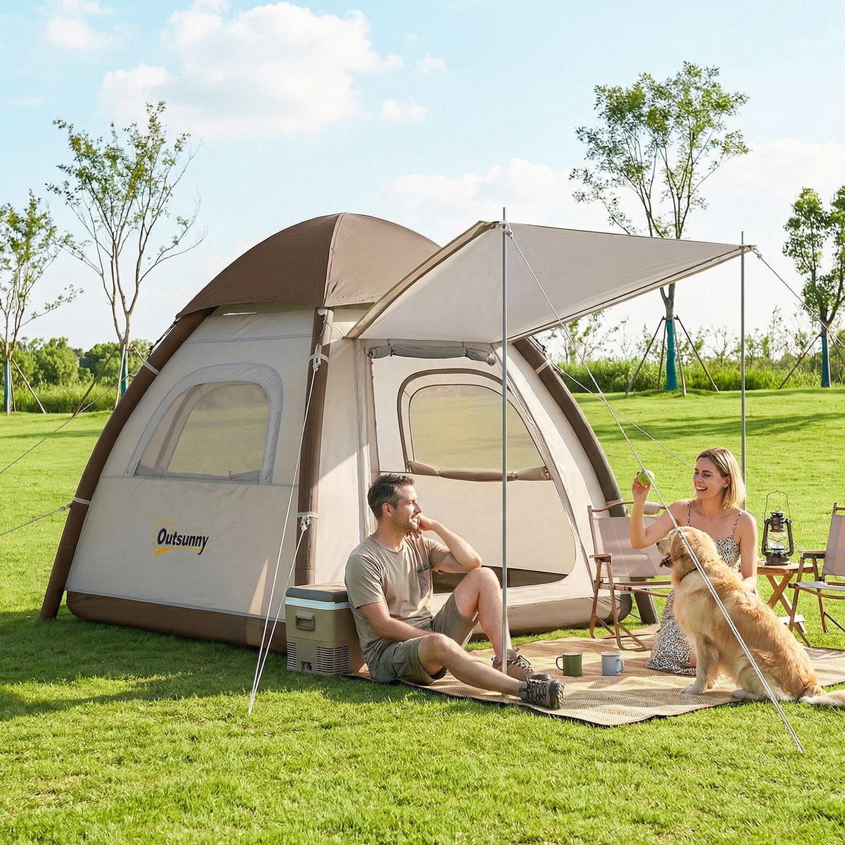 Outsunny Opblaasbare Camping Tent-Oxford-stof, TPU-220L x 220B x 200H cm-Crème wit – foto 5
