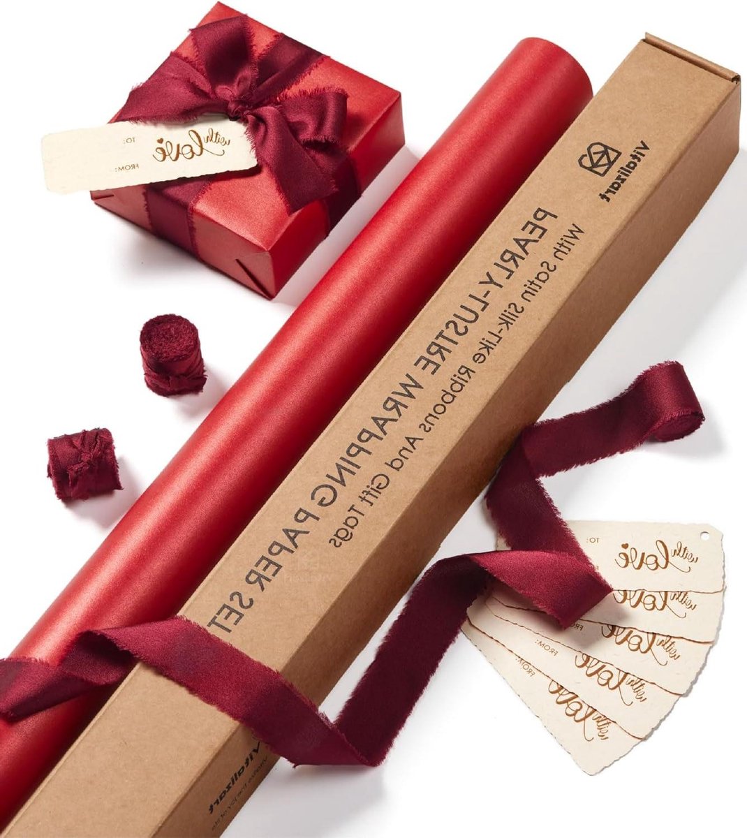 Cadeaupapier Set - Inpakpapier Rol - Feestelijke Geschenkverpakking - Recyclebaar Parelmoer Papier - 76cm x 5m - Rood met Bordeaux lint