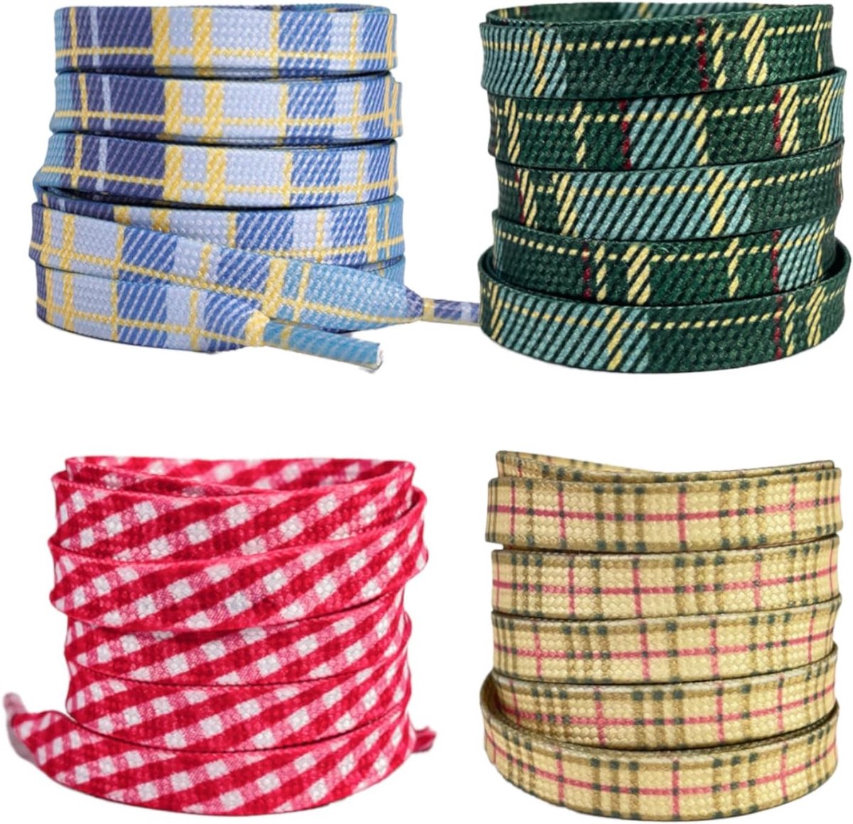 4 Paar Platte Geruite Schoenveters 8 mm – Kleurrijke Veters voor Sneakers, Sportschoenen en Damesmode, Vervangende Kawaii Schoenveters voor Meisjes