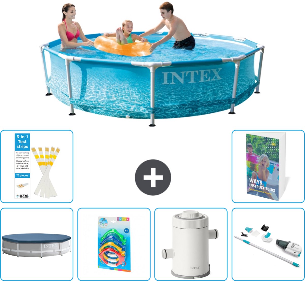 Intex Rond Frame Zwembad - 305 x 76 cm - Waterprint - Inclusief Afdekzeil - Speelgoed - Zwembadfilterpomp - Stofzuiger - 7-delig