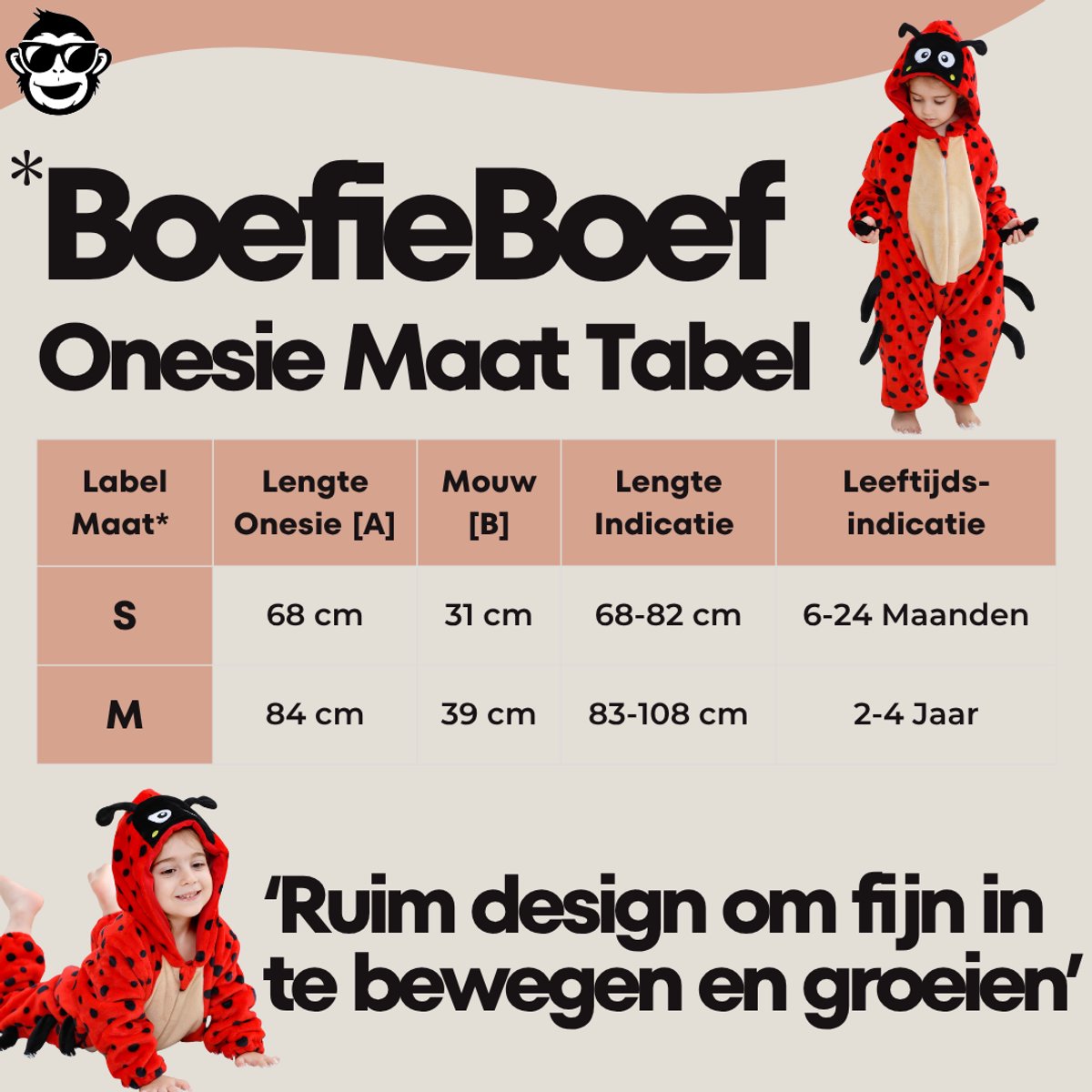BoefieBoef Dieren Baby Onesie Peuter Pyjama Kinderen 6 maanden - 2 jaar – Lieveheerstbeestje – Verkleedkleding met Luierrits – Carnaval Dierenpak - Halloween en Kraamcadeau Tip – Zacht Flanel - Romper - Boxpak - Jongens - Meisjes - Kruippak - — afbeelding 5