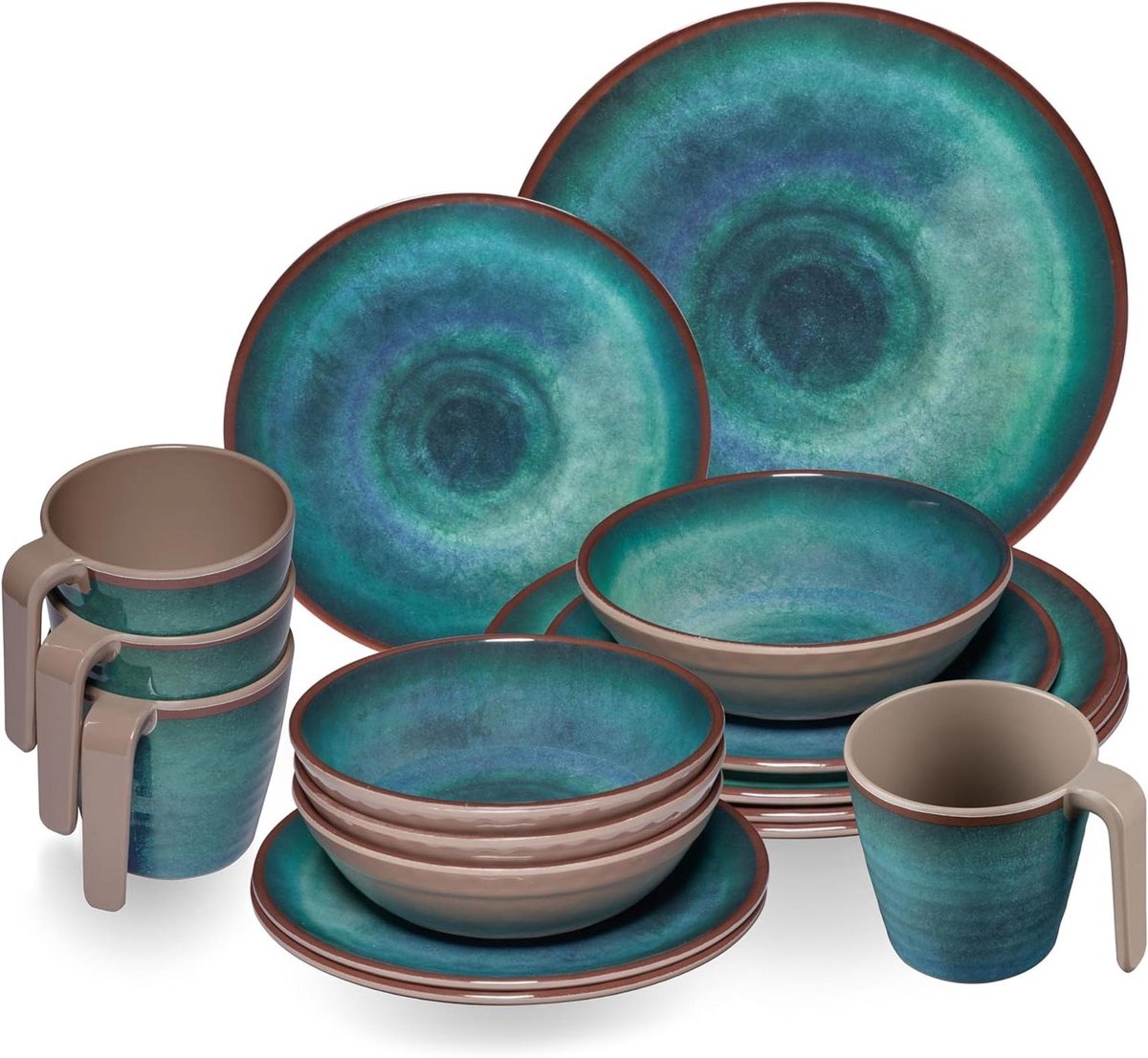 Melamine Servies Set - Kampeer Servies - Buiten Eten - Keramiek Look - 16 Delig - Groen