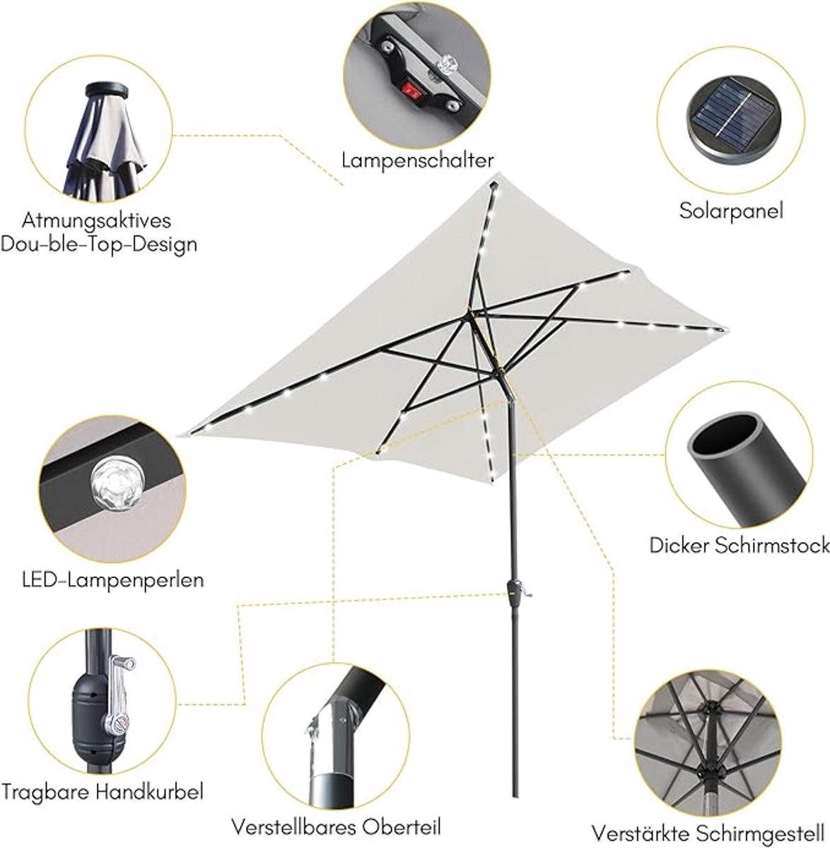 Solar LED Aluminium Zweefparasol 300 cm – Bellavero Luxe Tuin- & Terrassenparasol met Zwengel, In Hoogte Verstelbaar, 32 LED’s, UV-bescherming 40+, Waterafstotend, 8 Ribben, Stabiele Kruisvoet, Bei...