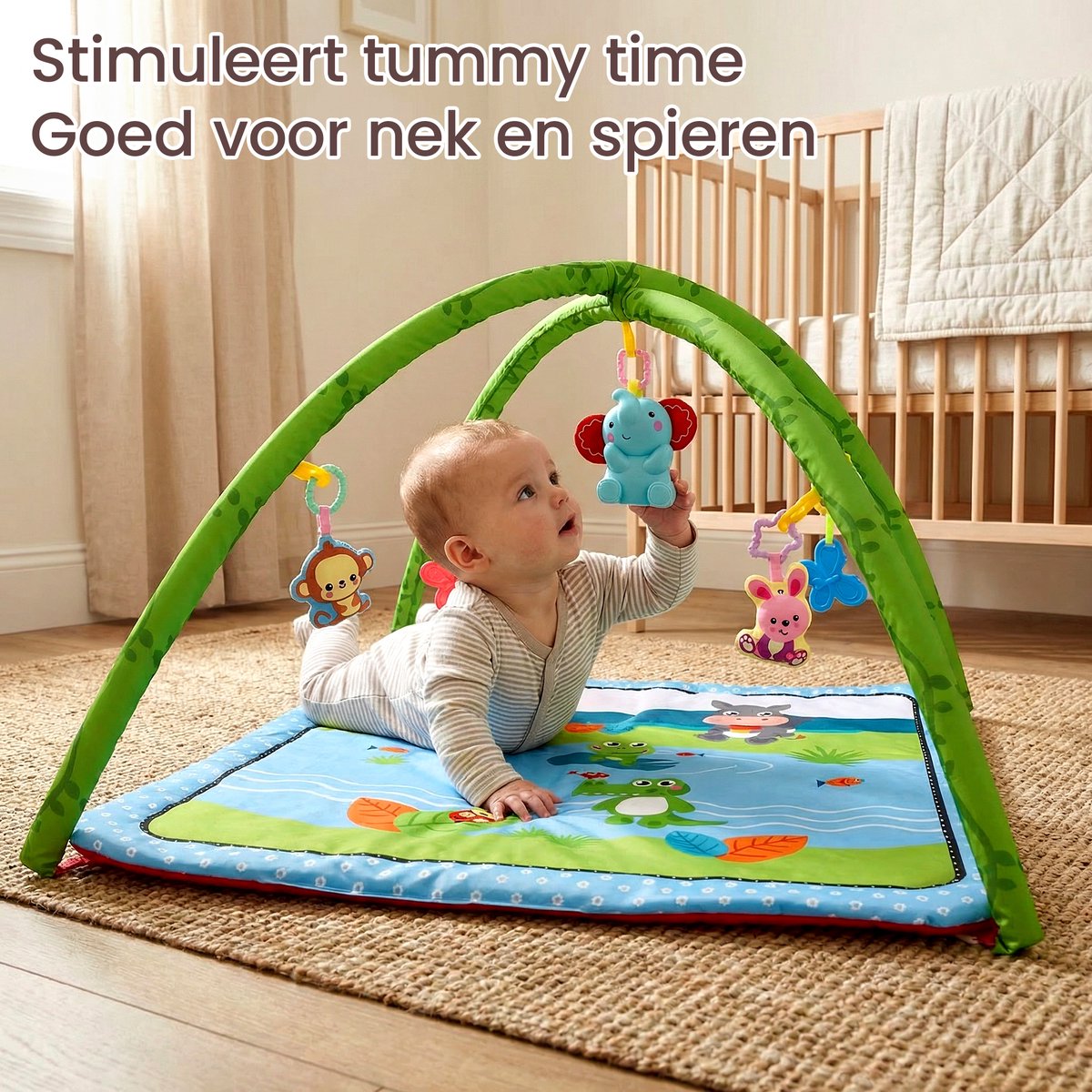 Speelkleed Baby met Boog - Buikligtrainer - 78 x 78 cm - Buiktrainer Baby - Tummy Time - Speelmat Baby - Speelboog - Babygym thumbnail 3