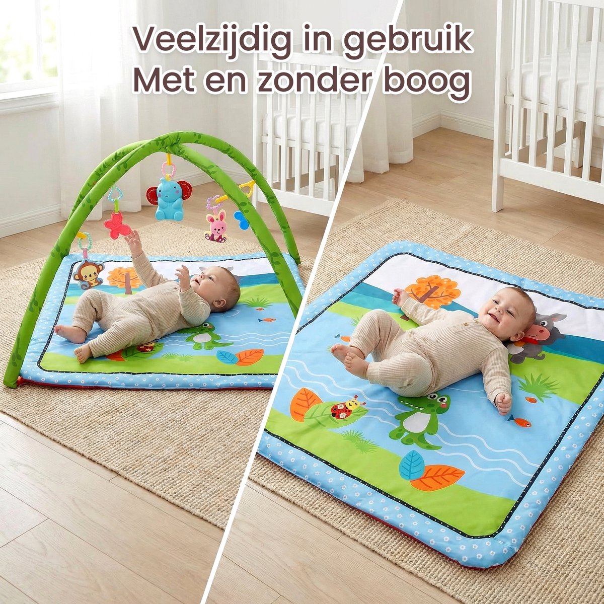 Speelkleed Baby met Boog - Buikligtrainer - 78 x 78 cm - Buiktrainer Baby - Tummy Time - Speelmat Baby - Speelboog - Babygym thumbnail 2
