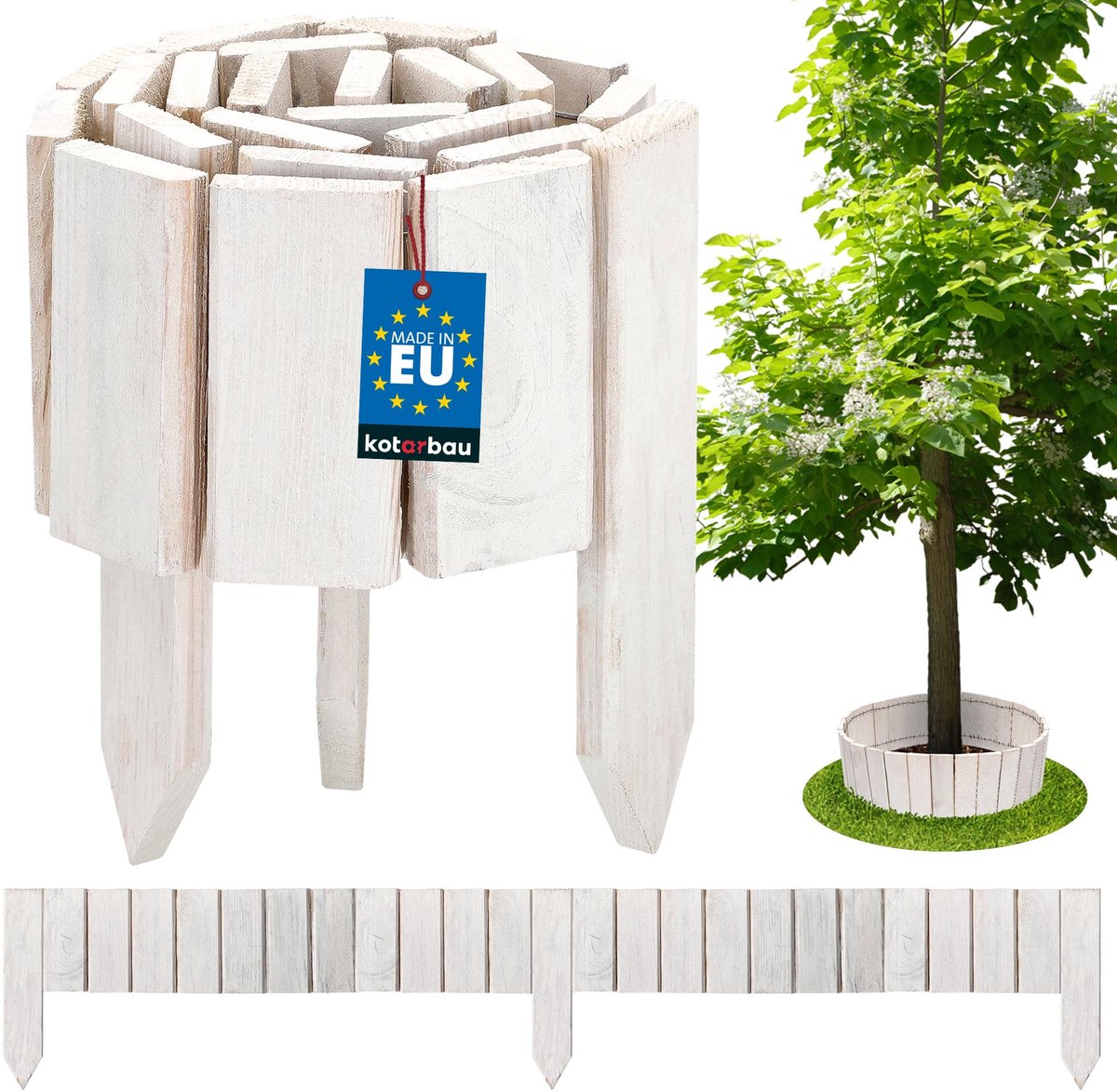 KOTARBAU® Bloembedrand, Rolborder, 110 x 10 cm, Wit, Tuinafscheiding, Houten Tuinhek, Bord