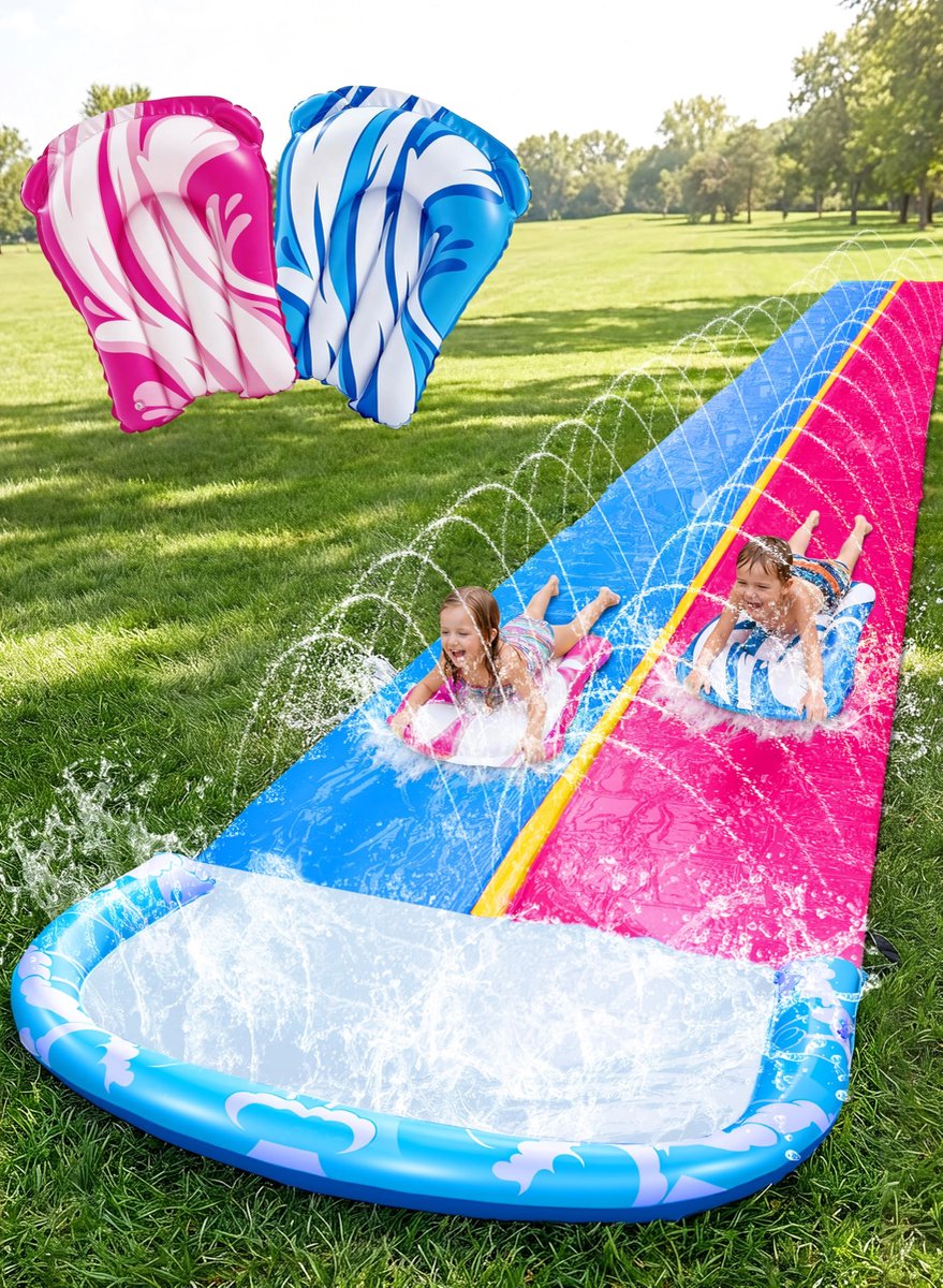 JOYIN 685,8 cm waterglijbanen en 2 bodyboards, gazon waterglijbaan zomer slip waterglijbanen voor tuin speelgoed met ingebouwde sproeier voor achtertuin outdoor plezier voor kinderen, blauw, roze