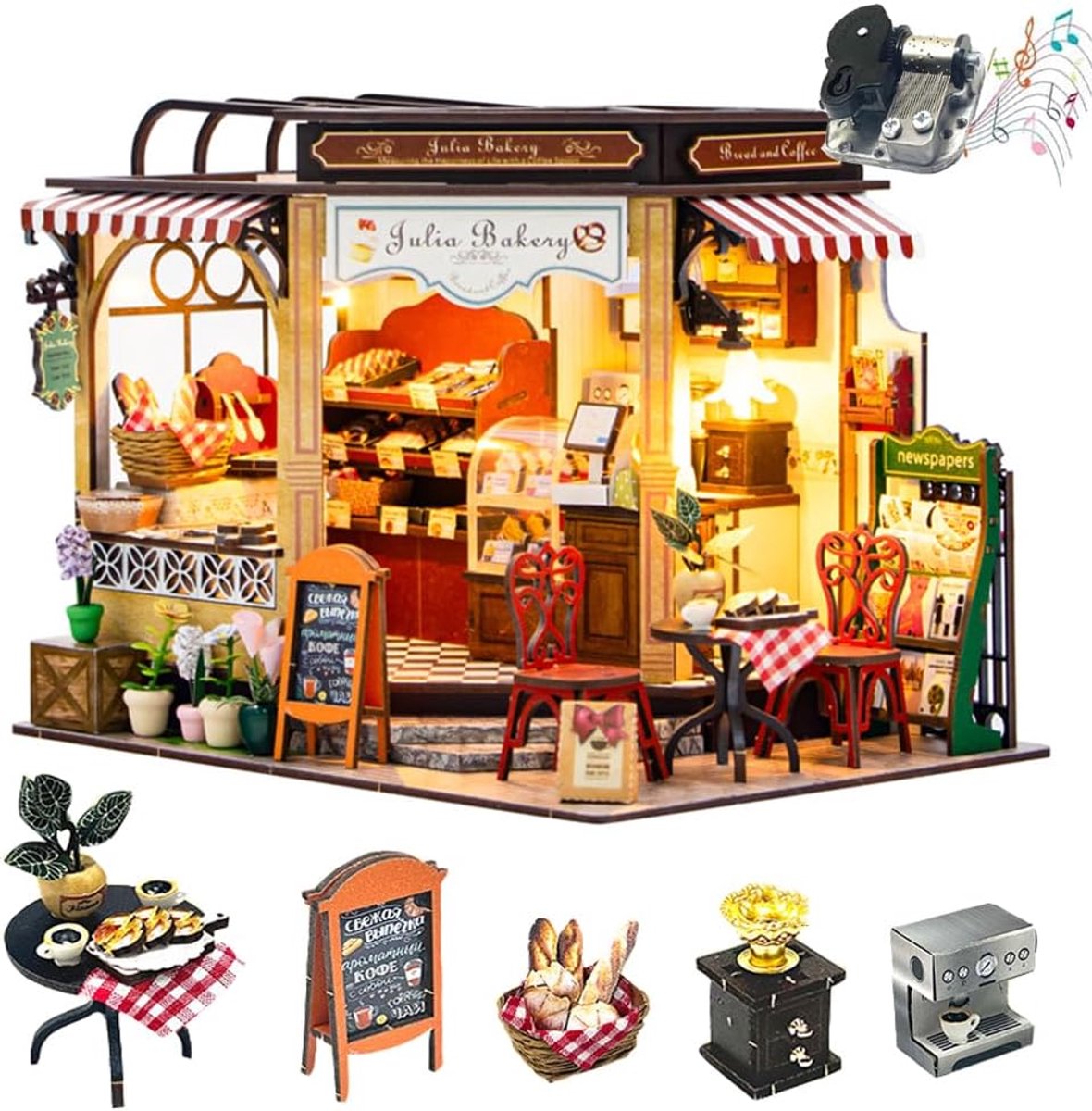 Miniatuur Poppenhuis - 3D Houten Puzzel - Hobby Knutselen - Inclusief Muziekmodule - 22x17x16 cm
