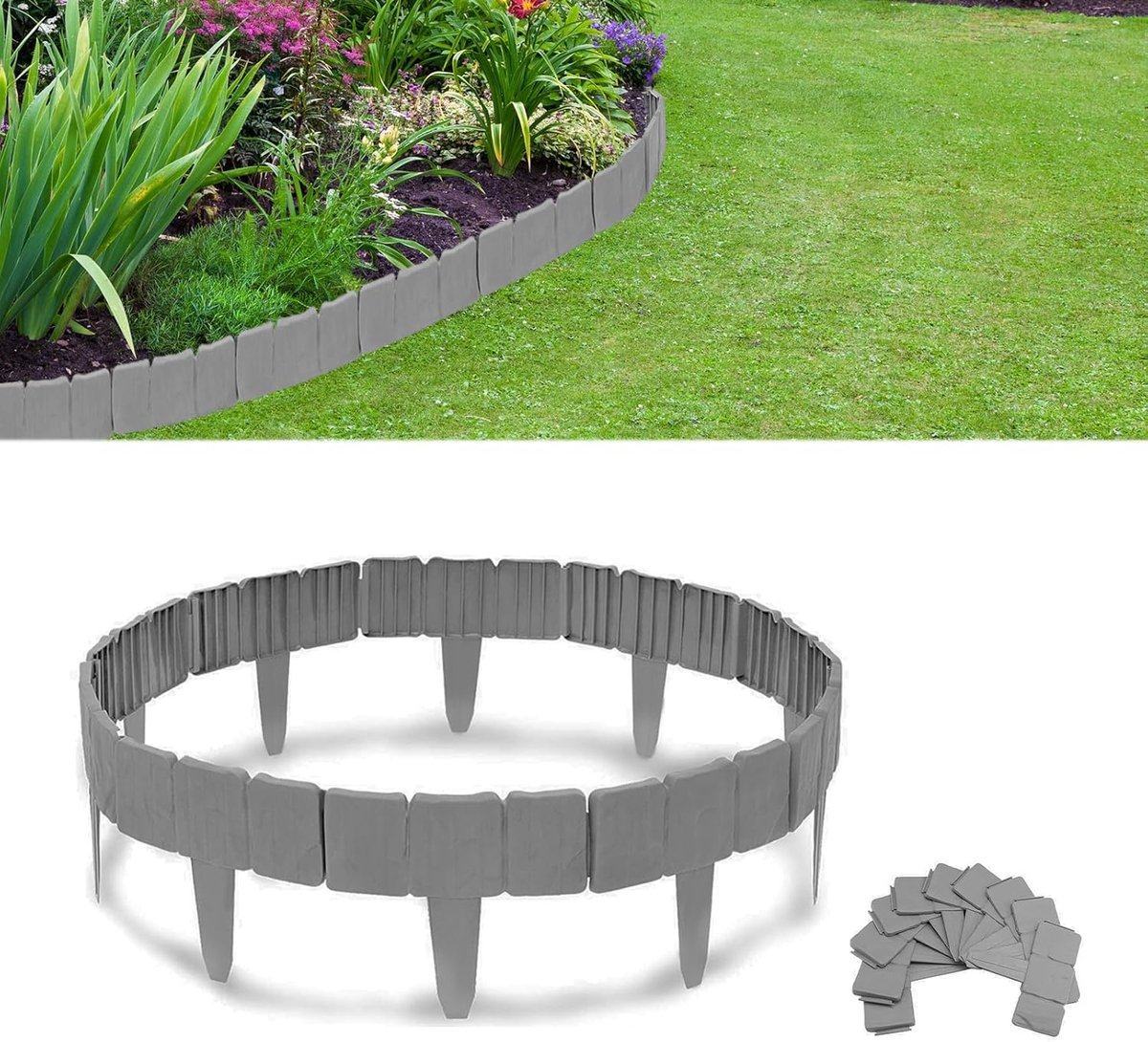 Gazonrand Kunststof - Bloembed Omranding - Tuin Afbakening - Flexibele Steenlook - 5 Meter 20 Stuks - Grijs