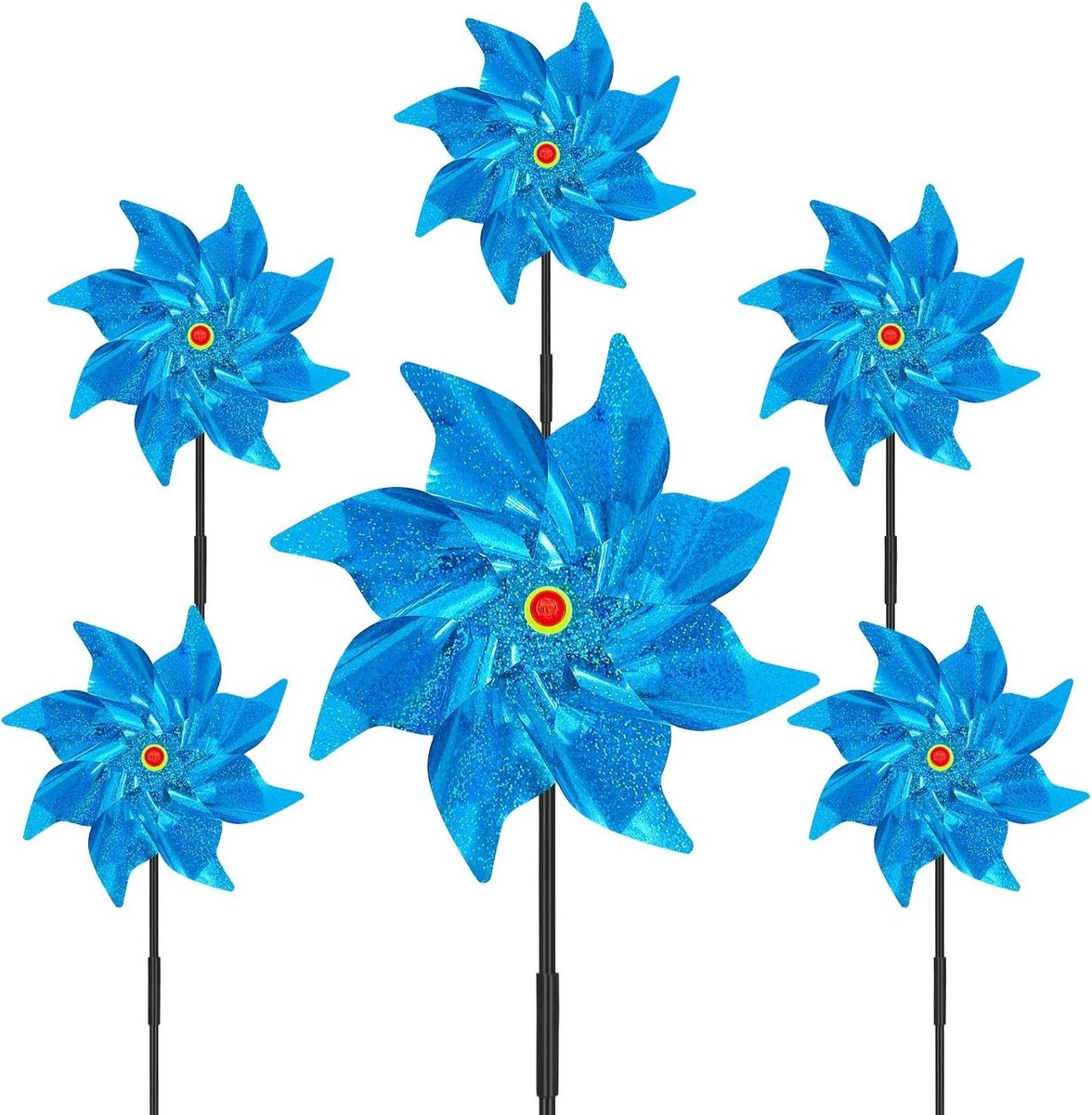 6 stuks sprankelende windspinners voor tuin en tuin, gazon tuin decoraties kleurrijke pinwheels 9,4 inch reflecterende wervelende windmolen om vogels bang te maken (blauw)