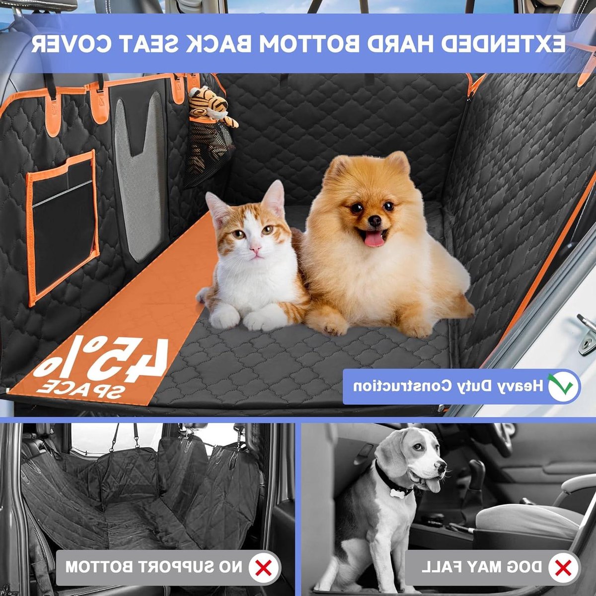 Honden autostoelhoes - Hondenhangmat auto - Reizen met huisdier - Vergroot ruimte 45% - 63 x 132 cm - Zwart Oranje