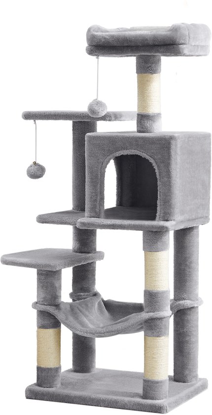 Grijze kattenkrabpaal met huisje en hangmat, op witte achtergrond.