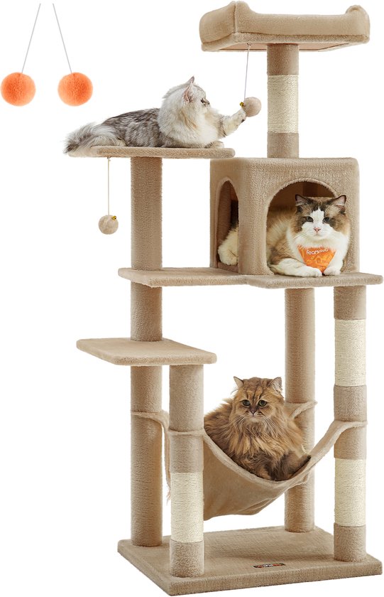 Feandrea - Krabpaal - Kattenboom - Voor Katten - Meerdere Lagen - 4 Krabpalen - Hangmat en Grot