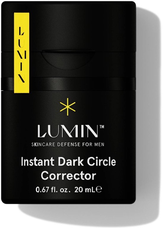 Zwarte verpakking van Lumin met gele strepen en de tekst "SKINCARE DEFENSE FOR MEN Instant Dark Circle Corrector 0.67 fl. oz. 20 mLe".