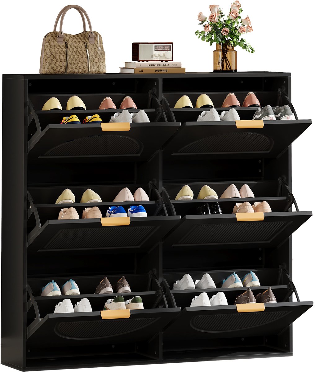 YYchan Schoenenrek - Moderne Schoenenkast voor Hal/Entree - met 6 Kleppen en Open Planken - 118x25x115 cm - Zwart