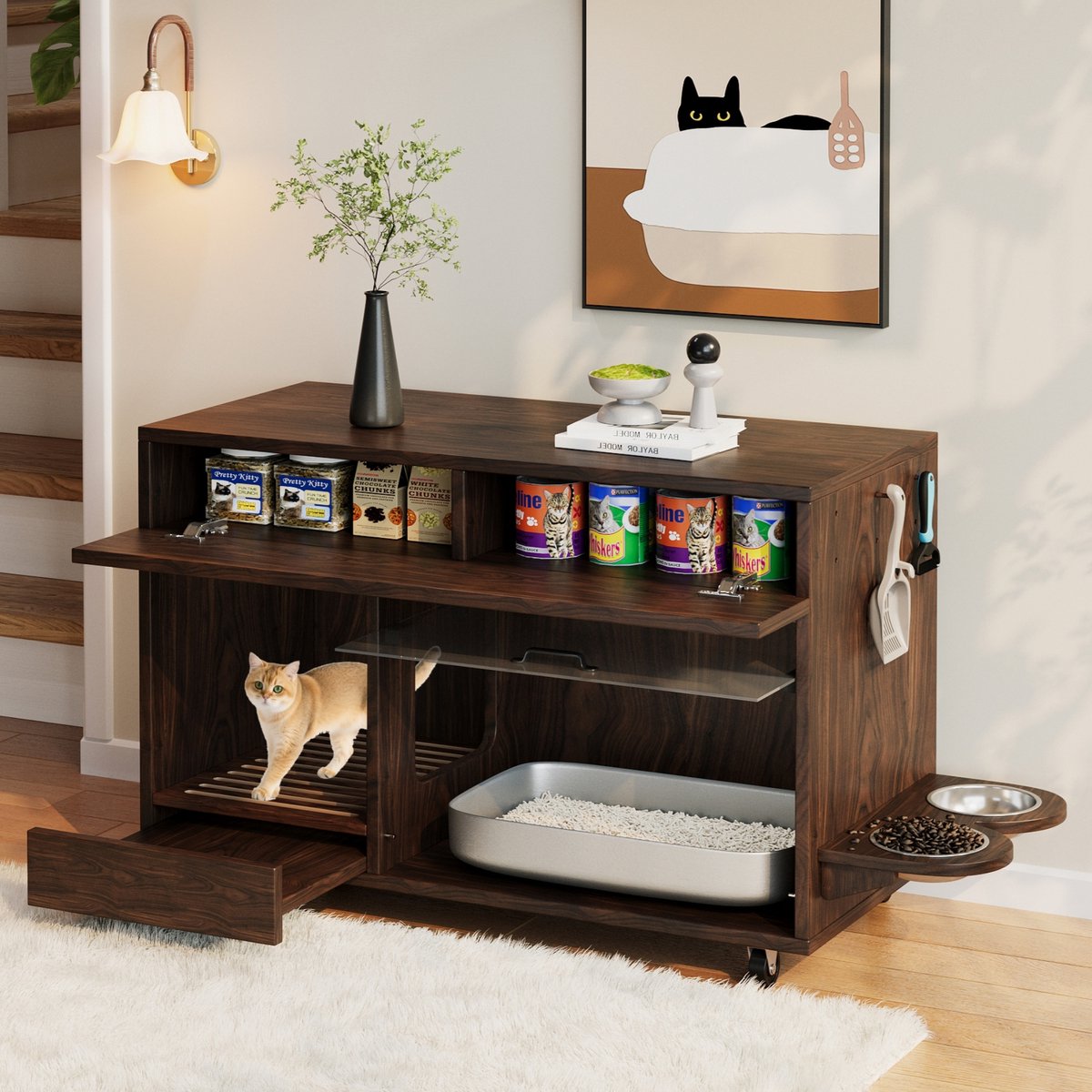 Kattenbak kast - 100x45x67 cm - Kattenbakmeubel - Zandopvang en Voerbakjes - Verrijdbare Kattenkast met Opberglade - Inclusief Acryl Deur - Walnoot