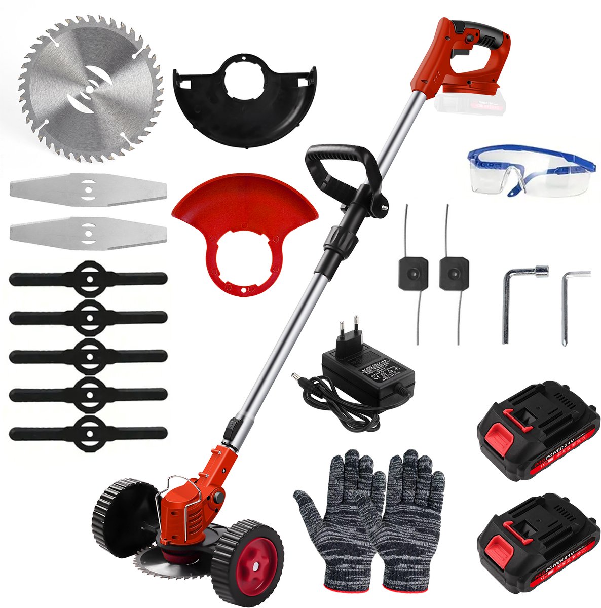 Bosmaaier Grastrimmer - Accu Elektrische Grasmaaier - 30W Rood Handgrasmaaier - Borstelloze Draadloze Grasmaaier - Lengte Verstelbaar - Multifunctionele Snijkop - met 2 Accu's - Tuingereedschap voor Gazon - Draagbare Kantenmaaier