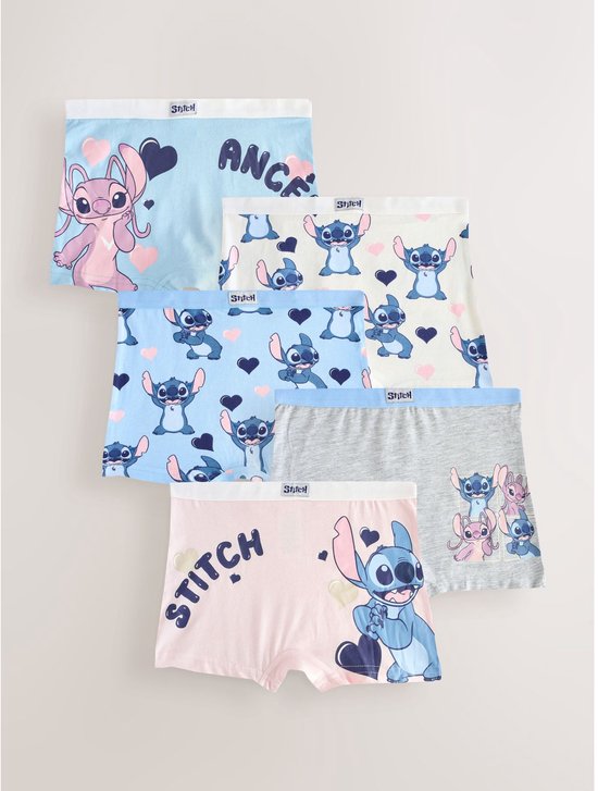 Vijf blauwe en roze boxershorts met Stitch en Angel print, met tekst "Stitch" en "Angel".