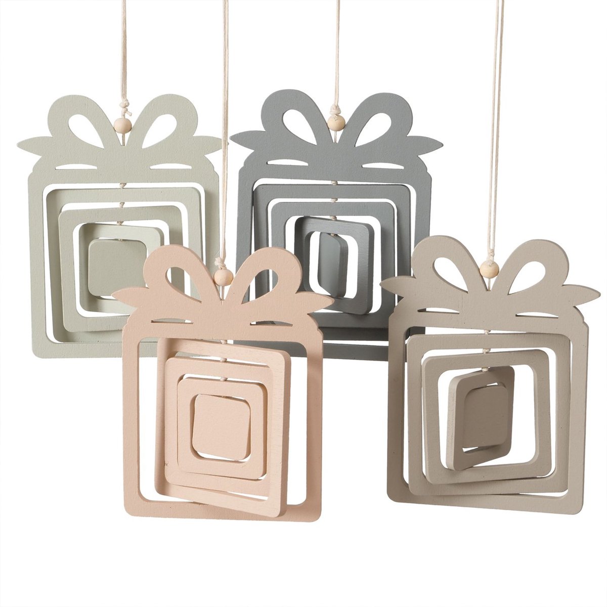 B.F. 4-delige set cadeau decoratiehangers, elk 1x beige, roze, groen & grijs van hout - 2048640