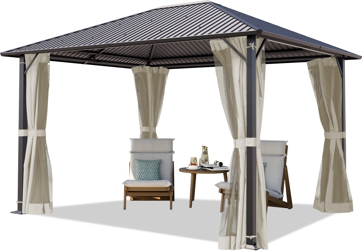 TOOLPORT Tuinpaviljoen 3x3,65 m, aluminium palen, stalen dak, cream, met zijwanden en muggennetten