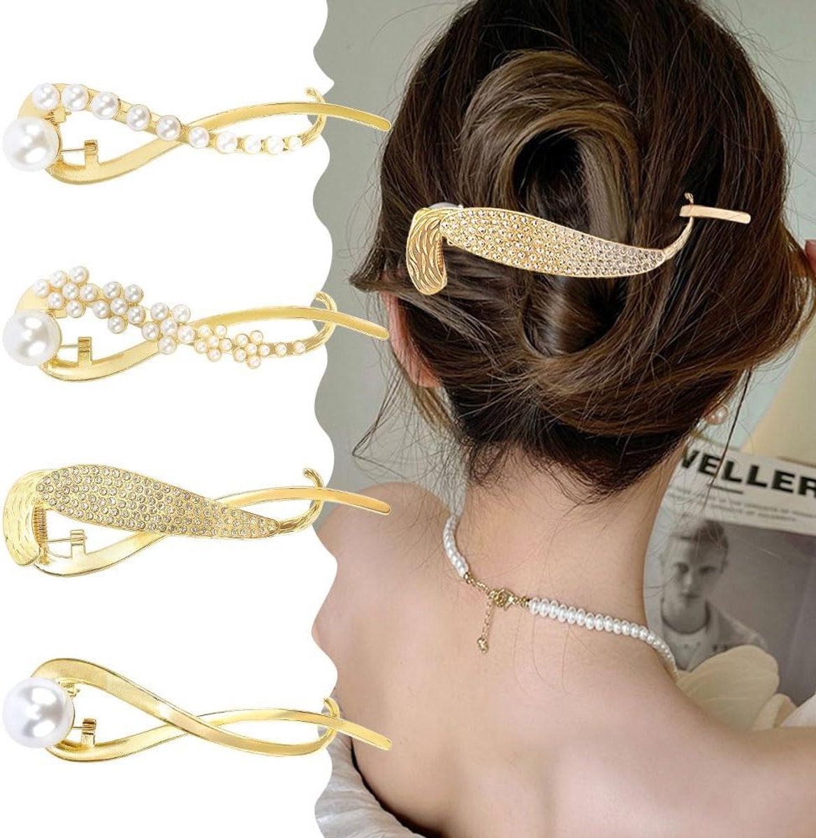 Parel Haarspeldjes - Franse Twist Clips - Haar Styling - Antislip Design - 4 Stuks - Goud Zilver