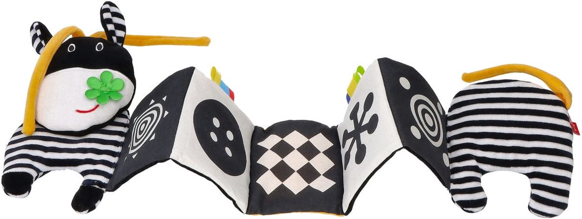 Mom's Care baby speelgoed zachte activiteitenboek koe zwart-wit contrast.