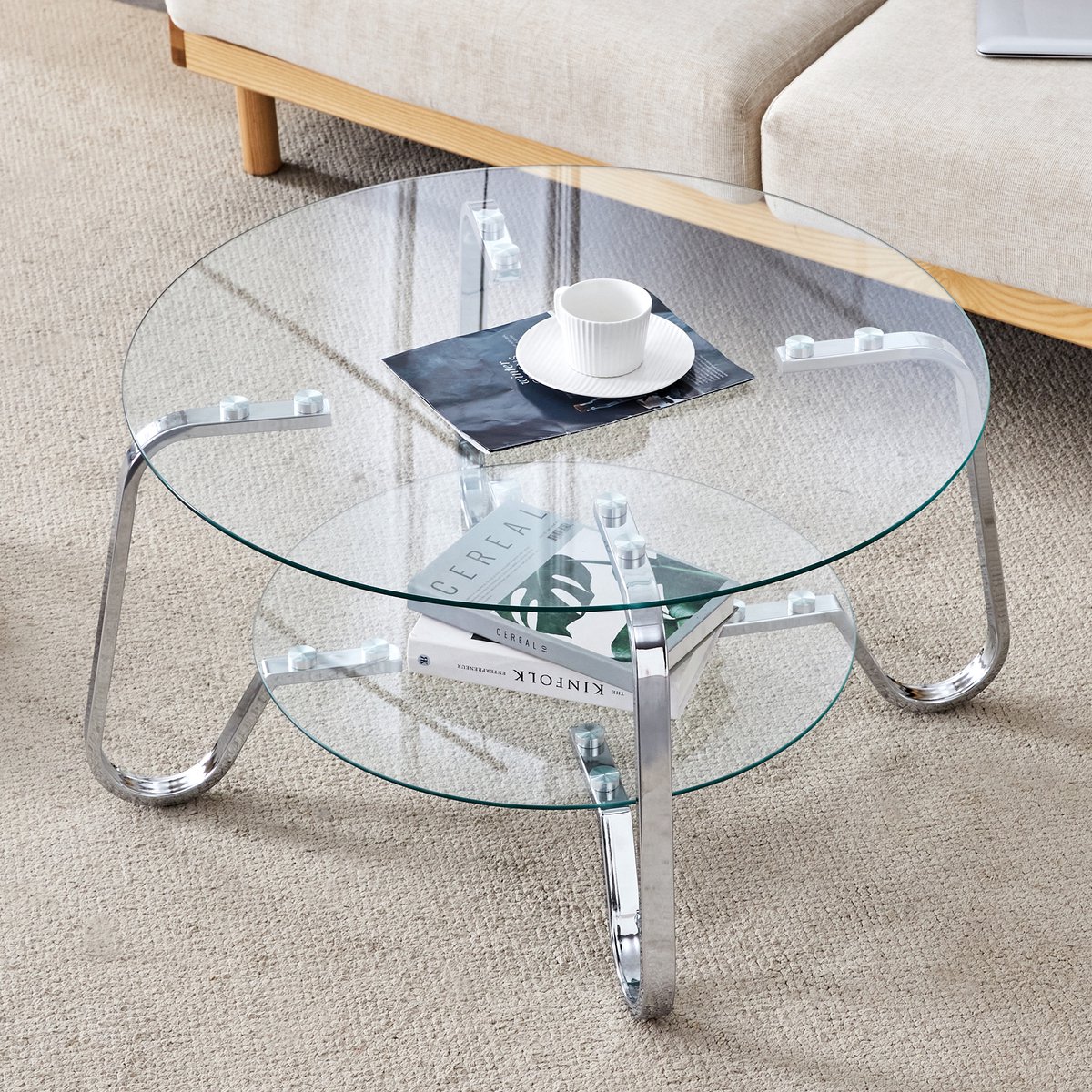 MODFU Ronde Salontafel - Tweelaags Ontwerp - Moderne Stijl - Voor Woonkamer - Metaal En Glas - Zilver