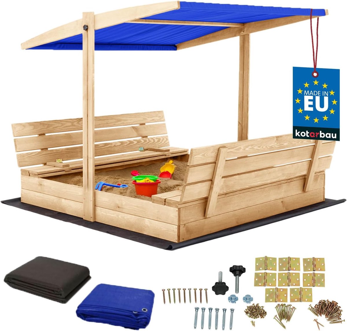 Houten Zandbak - Speelbak Tuin - Buiten Spelen - Met Bankjes en Dak - 140x140 cm - Natuurlijk met Blauw