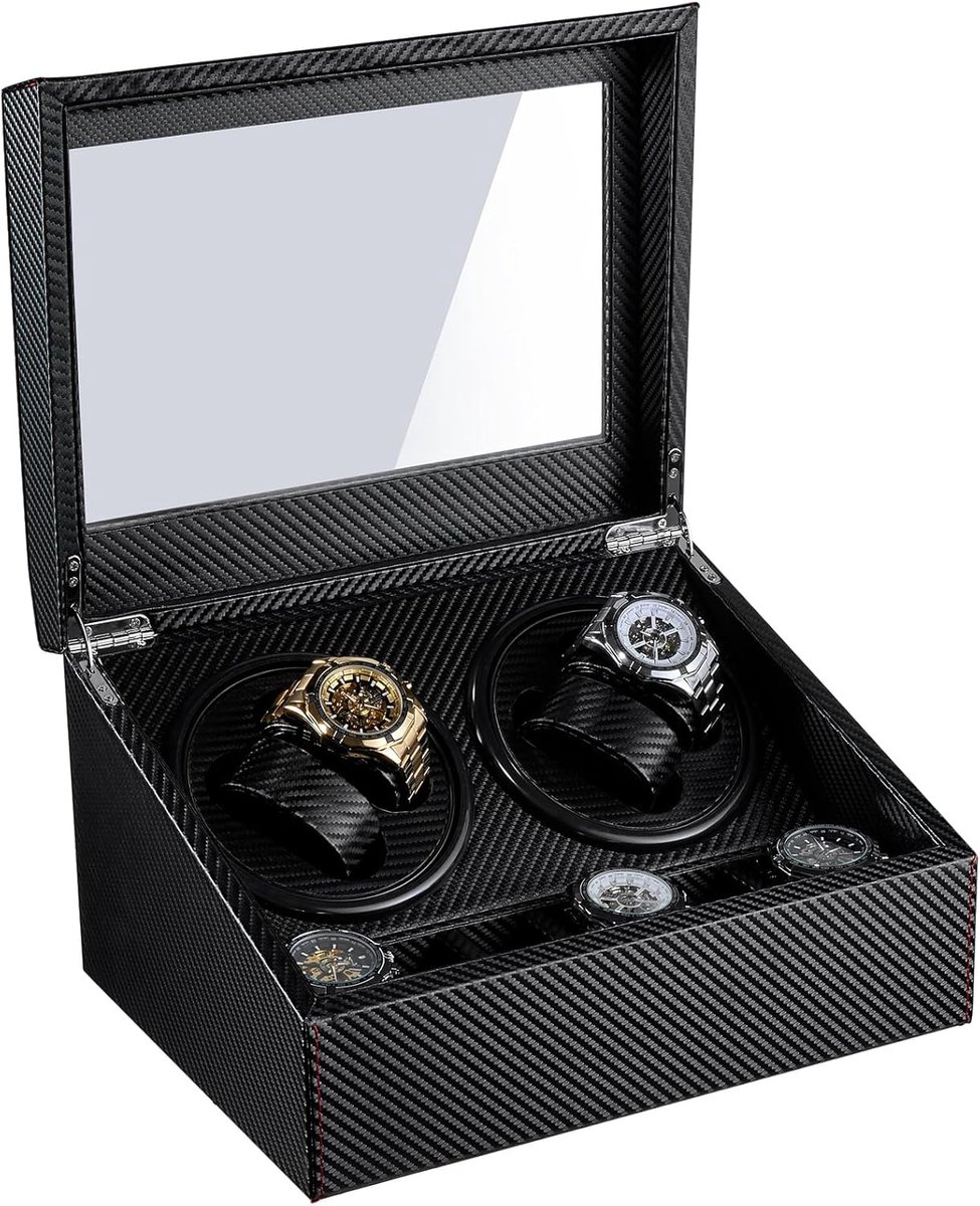 Horloge Oplader - Horloge Presentatie - Automatisch Opwinden - 4 Wikkelposities - 30x23x18 cm - Koolstofvezel