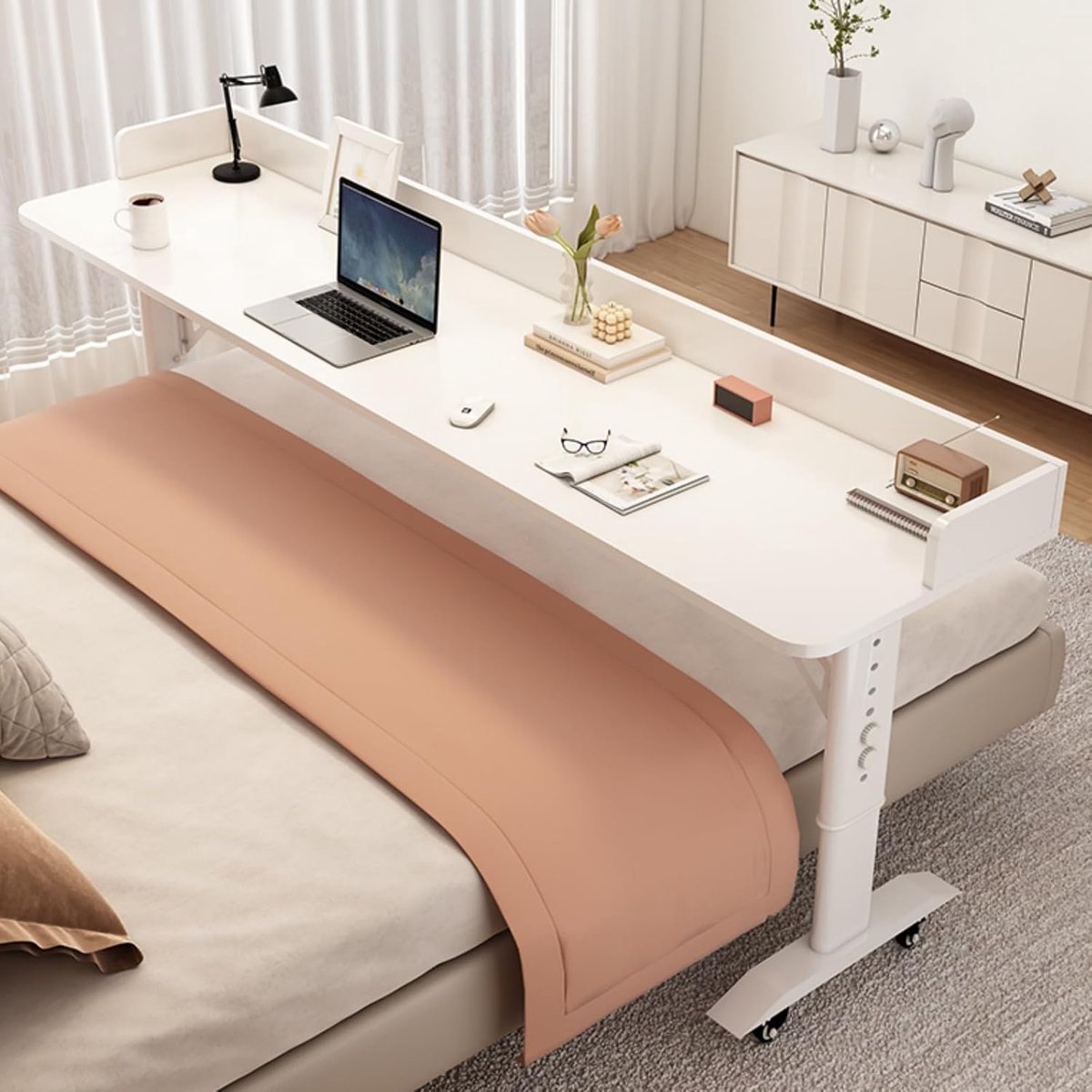 Bureau Boven Bed - Bedtafel Bureau - Eten Werken Lezen - In Hoogte Verstelbaar - 40x50cm Blad - Wit Met Schot