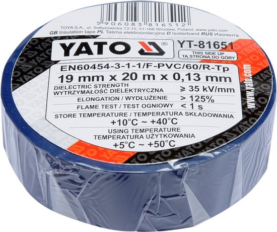 Yato - Elektro-isolatietape - 19mm x 20m x 0,13mm - Blauw — afbeelding 2