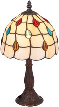 Tiffany tafellamp met crème kap, gekleurde glasjuweeltjes, en een gedetailleerde donkerbruine voet en staander.