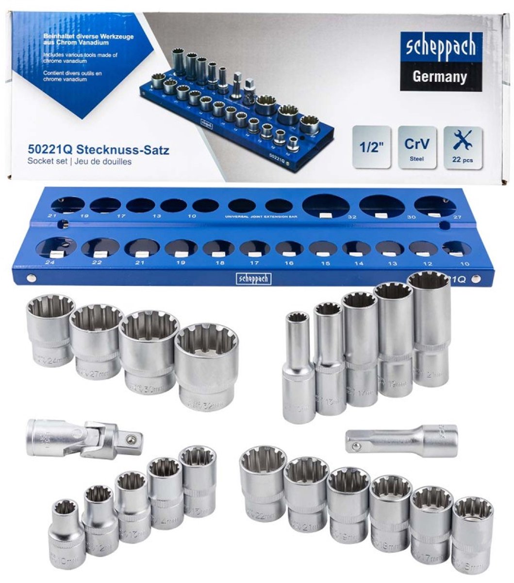 Scheppach Serie - Dopsleutelset - Nasadki 10-32 mm - 22 Elementen - Organiser